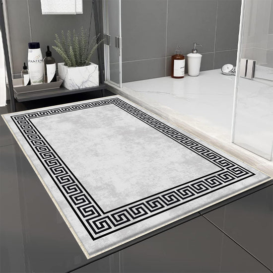 Gray White Black Greek Key Bathroom Rug - Geometric Non Slip Bath Mat, Quick Dry Washable Toilet Mat, Soft Modern Floral Bathroom Decor