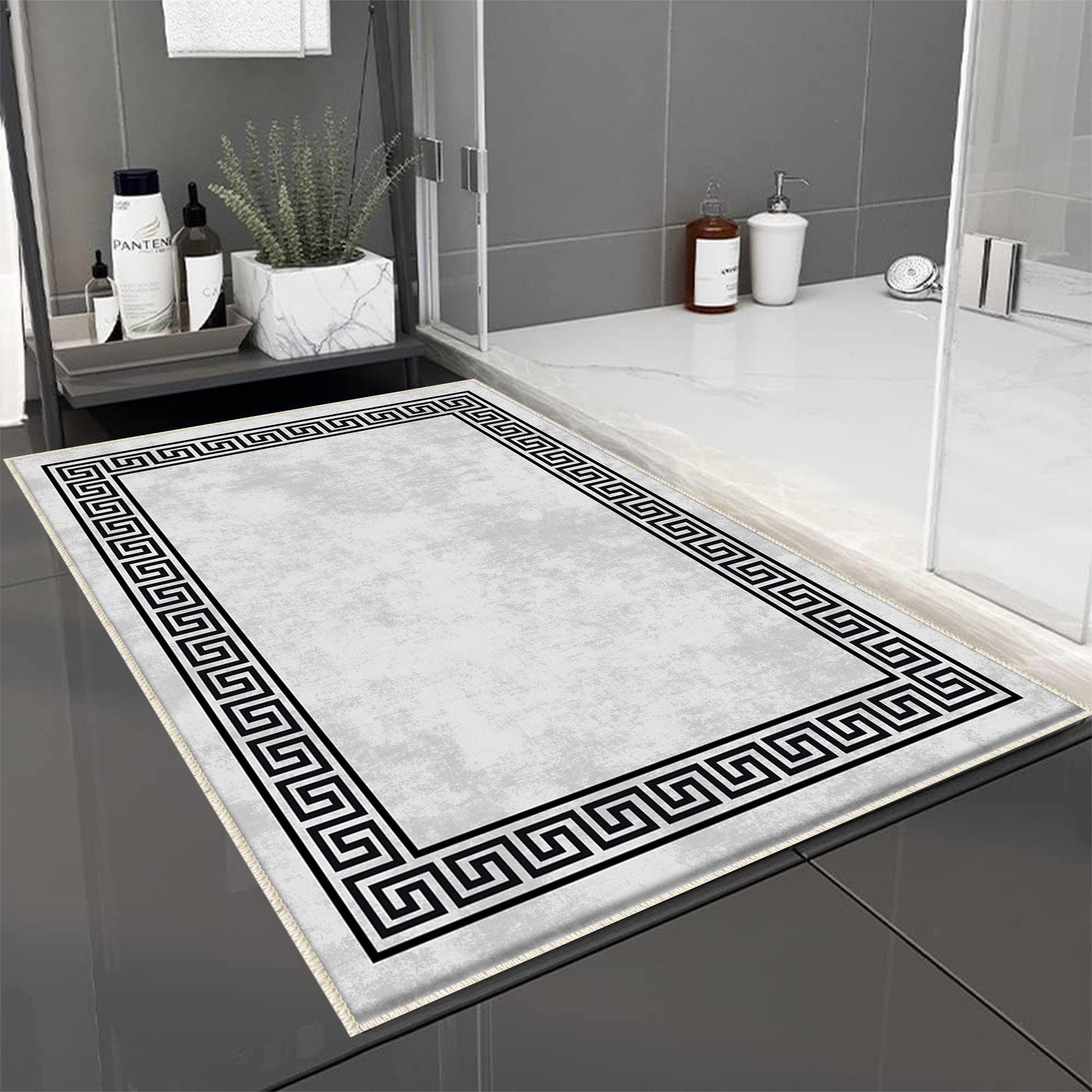 Gray White Black Greek Key Bathroom Rug - Geometric Non Slip Bath Mat, Quick Dry Washable Toilet Mat, Soft Modern Floral Bathroom Decor
