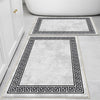 Gray White Black Greek Key Bathroom Rug - Geometric Non Slip Bath Mat, Quick Dry Washable Toilet Mat, Soft Modern Floral Bathroom Decor