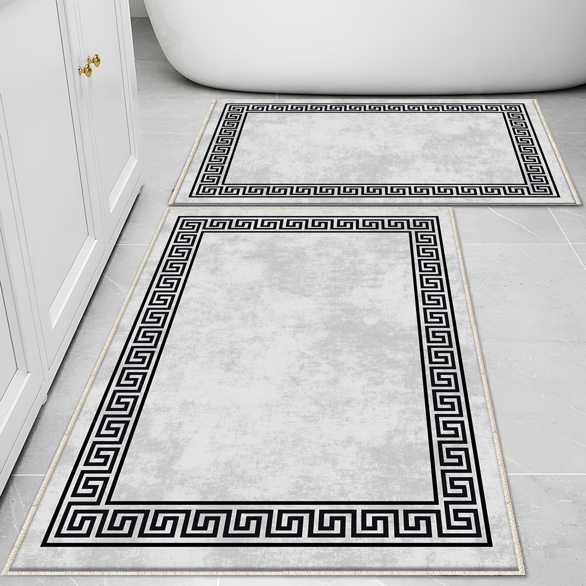 Gray White Black Greek Key Bathroom Rug - Geometric Non Slip Bath Mat, Quick Dry Washable Toilet Mat, Soft Modern Floral Bathroom Decor