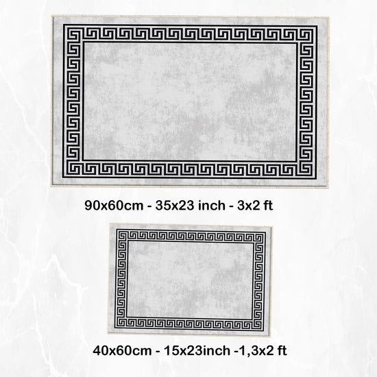 Gray White Black Greek Key Bathroom Rug - Geometric Non Slip Bath Mat, Quick Dry Washable Toilet Mat, Soft Modern Floral Bathroom Decor