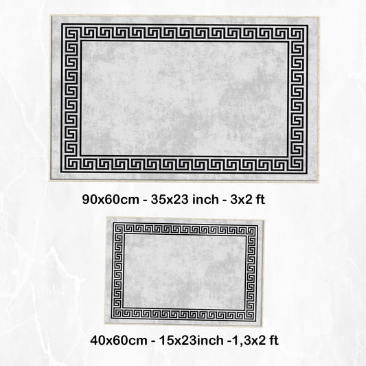 Gray White Black Greek Key Bathroom Rug - Geometric Non Slip Bath Mat, Quick Dry Washable Toilet Mat, Soft Modern Floral Bathroom Decor