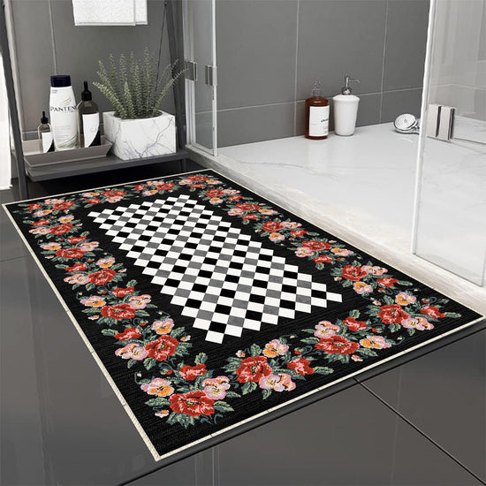 Colorful Roses Black White Checkered Bathroom Rug - Non Slip Bath Mat, Quick Dry Washable Toilet Mat, Soft Modern Floral Bathroom Decor