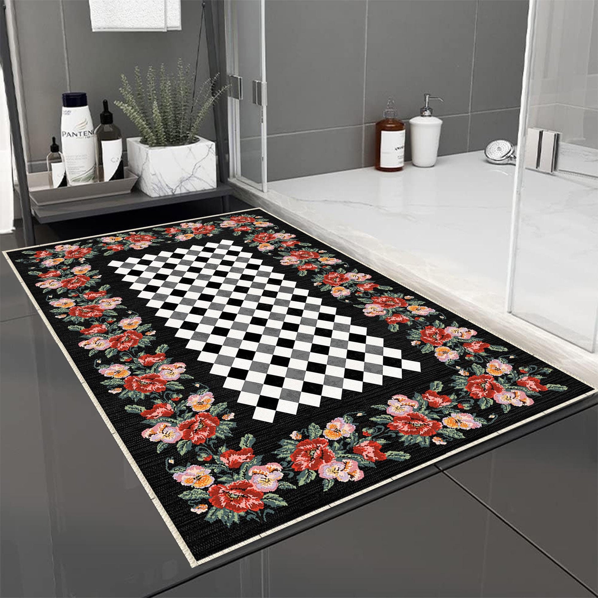 Colorful Roses Black White Checkered Bathroom Rug - Non Slip Bath Mat, Quick Dry Washable Toilet Mat, Soft Modern Floral Bathroom Decor