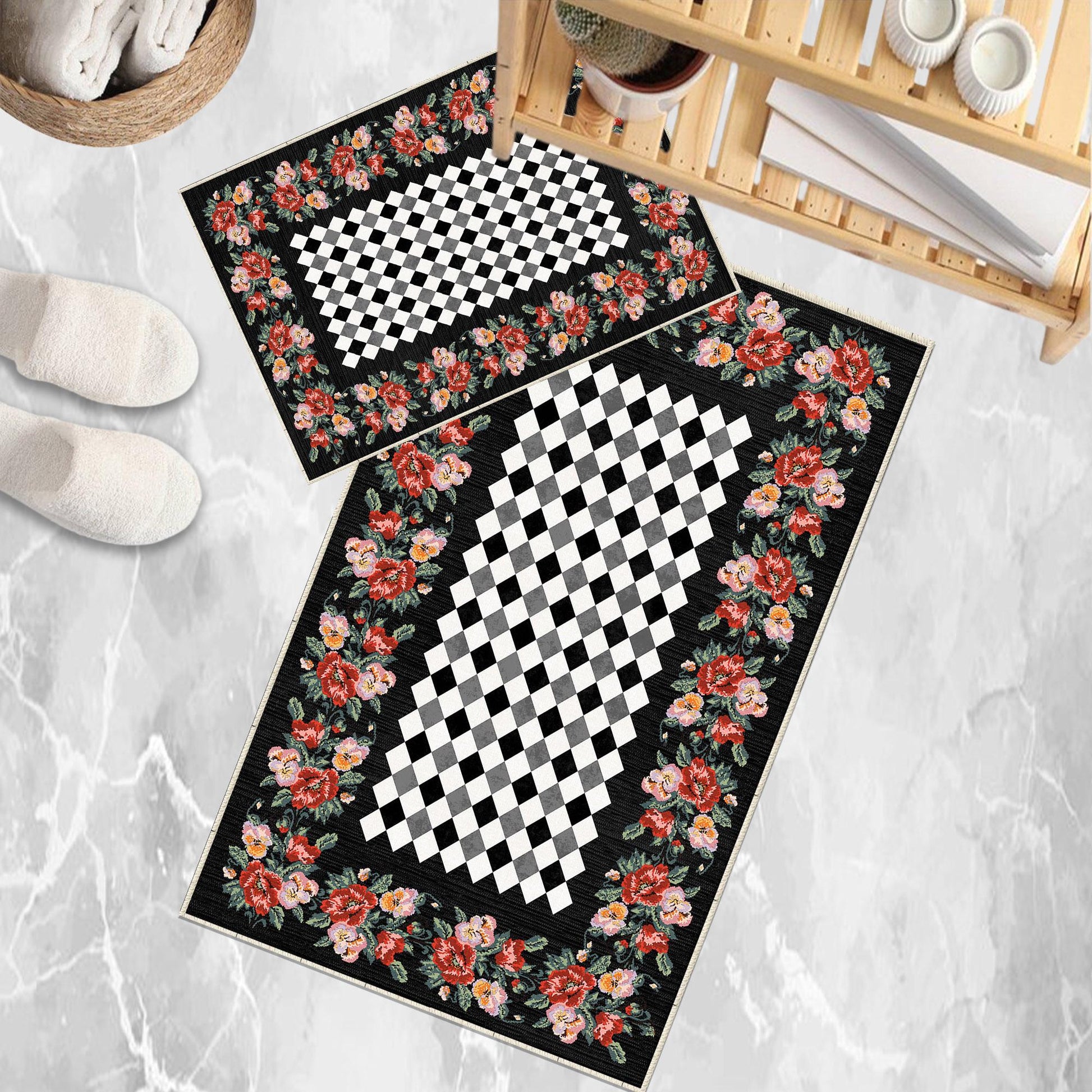 Colorful Roses Black White Checkered Bathroom Rug - Non Slip Bath Mat, Quick Dry Washable Toilet Mat, Soft Modern Floral Bathroom Decor