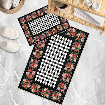 Colorful Roses Black White Checkered Bathroom Rug - Non Slip Bath Mat, Quick Dry Washable Toilet Mat, Soft Modern Floral Bathroom Decor