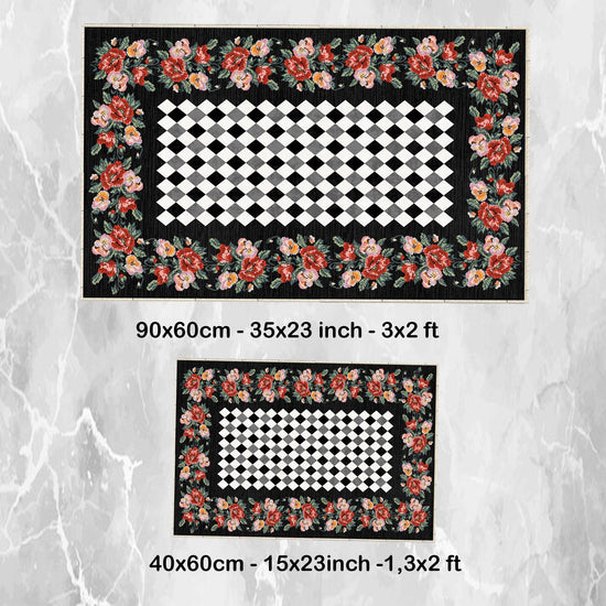 Colorful Roses Black White Checkered Bathroom Rug - Non Slip Bath Mat, Quick Dry Washable Toilet Mat, Soft Modern Floral Bathroom Decor