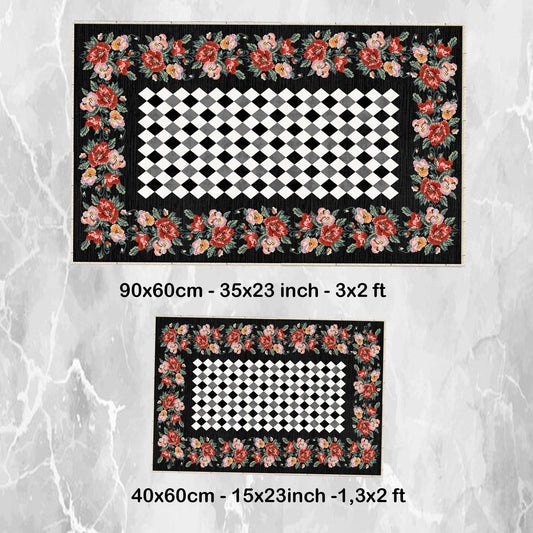 Colorful Roses Black White Checkered Bathroom Rug - Non Slip Bath Mat, Quick Dry Washable Toilet Mat, Soft Modern Floral Bathroom Decor