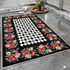 Colorful Roses Black White Checkered Bathroom Rug - Non Slip Bath Mat, Quick Dry Washable Toilet Mat, Soft Modern Floral Bathroom Decor