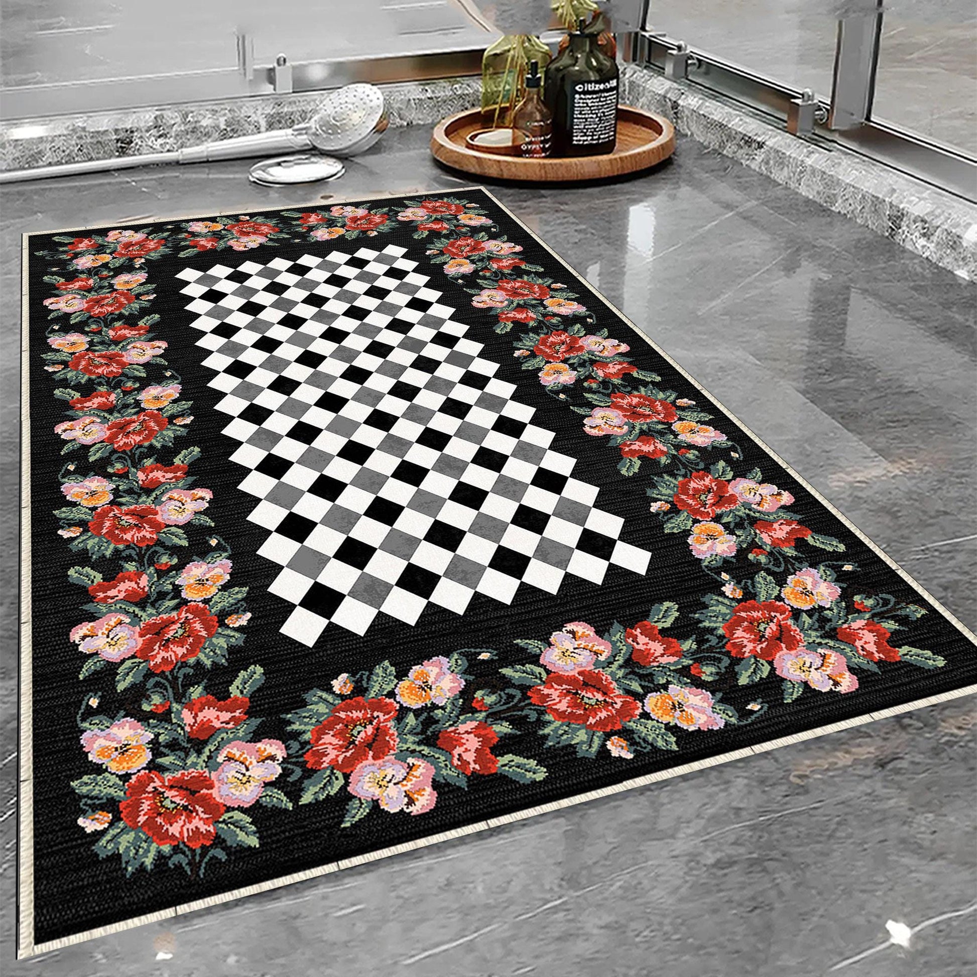 Colorful Roses Black White Checkered Bathroom Rug - Non Slip Bath Mat, Quick Dry Washable Toilet Mat, Soft Modern Floral Bathroom Decor