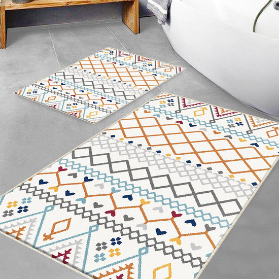 Orange Blue Gray Aztec Boho Bathroom Rug - Geometric Non Slip Bath Mat, Quick Dry Washable Toilet Mat, Soft Modern Floral Bathroom Decor