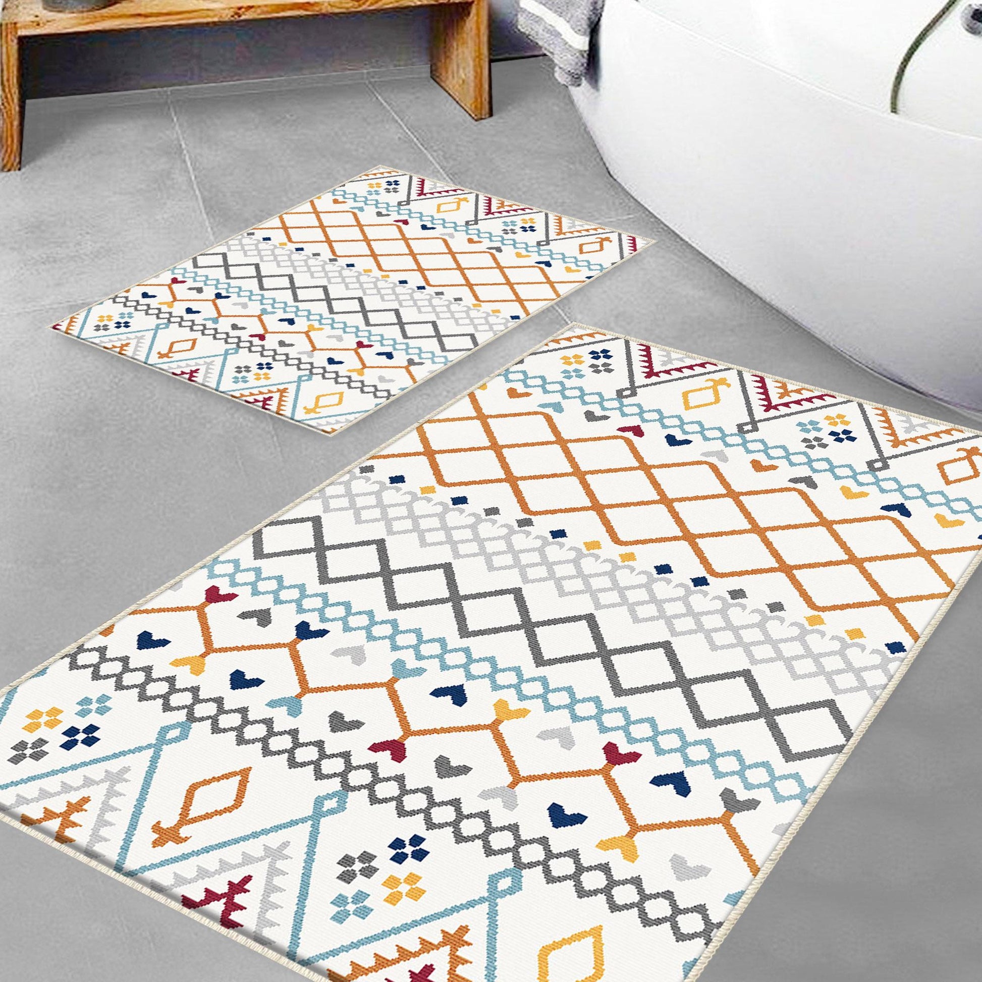 Orange Blue Gray Aztec Boho Bathroom Rug - Geometric Non Slip Bath Mat, Quick Dry Washable Toilet Mat, Soft Modern Floral Bathroom Decor