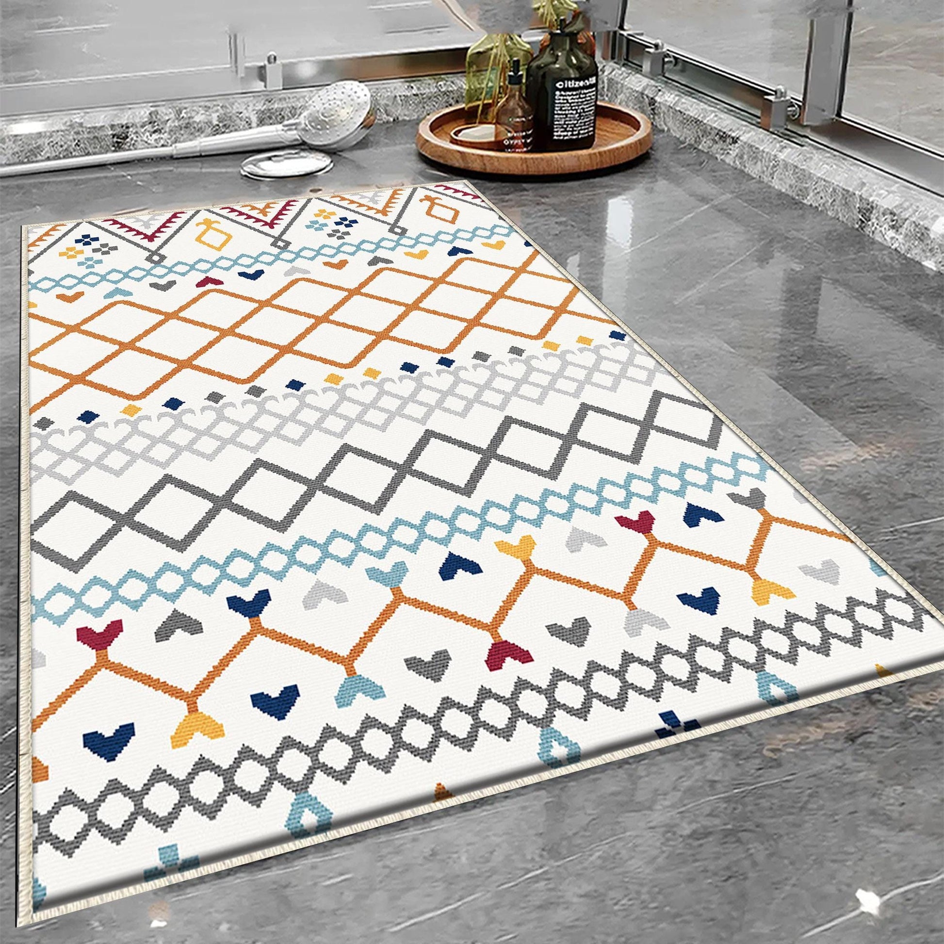 Orange Blue Gray Aztec Boho Bathroom Rug - Geometric Non Slip Bath Mat, Quick Dry Washable Toilet Mat, Soft Modern Floral Bathroom Decor