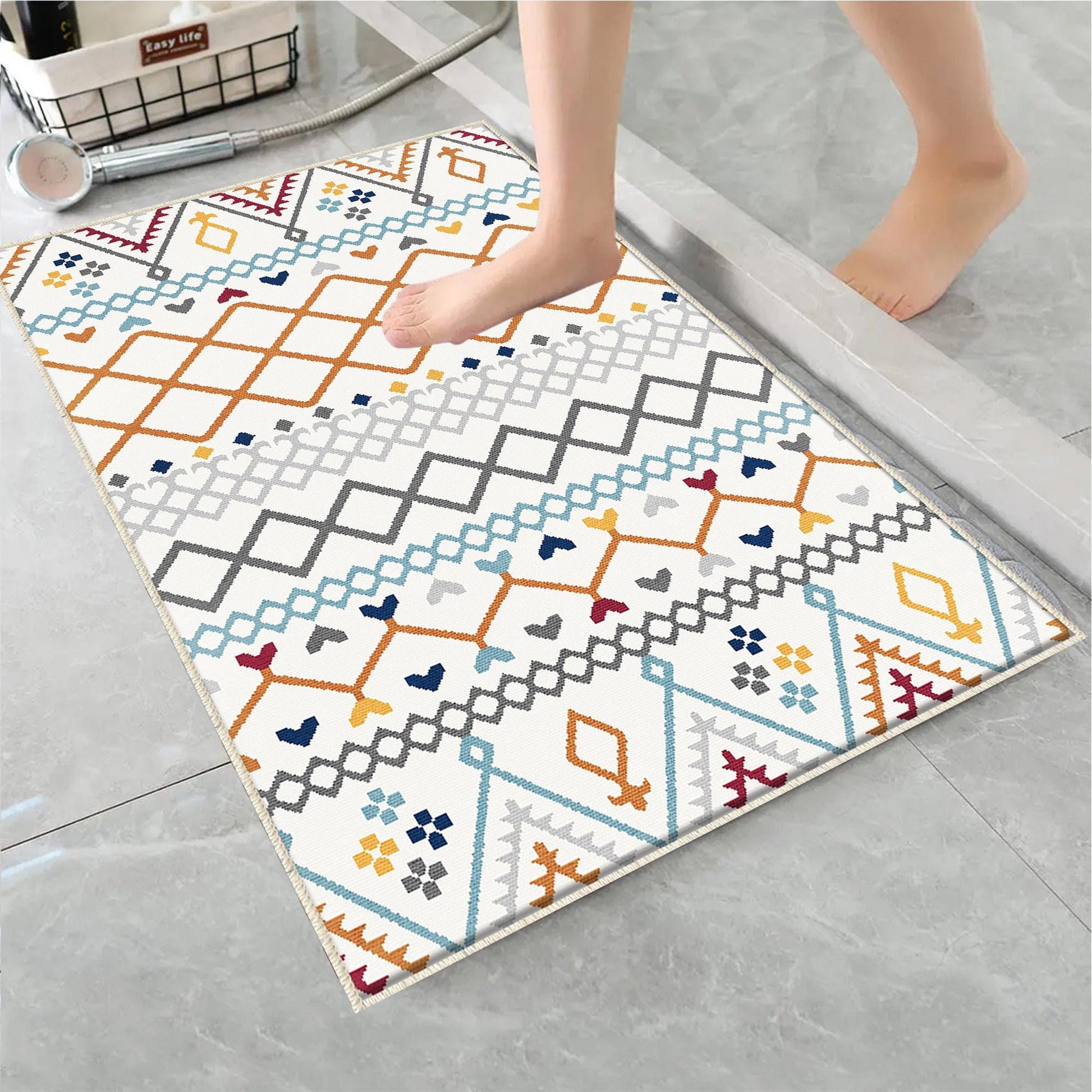 Orange Blue Gray Aztec Boho Bathroom Rug - Geometric Non Slip Bath Mat, Quick Dry Washable Toilet Mat, Soft Modern Floral Bathroom Decor
