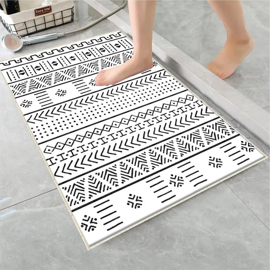 Black White Aztec Boho Bathroom Rug Non Slip Quick Dry Bath Mat - Tribal Bohemian Geometric Floral Toilet Mat, Soft Washable Modern Decor