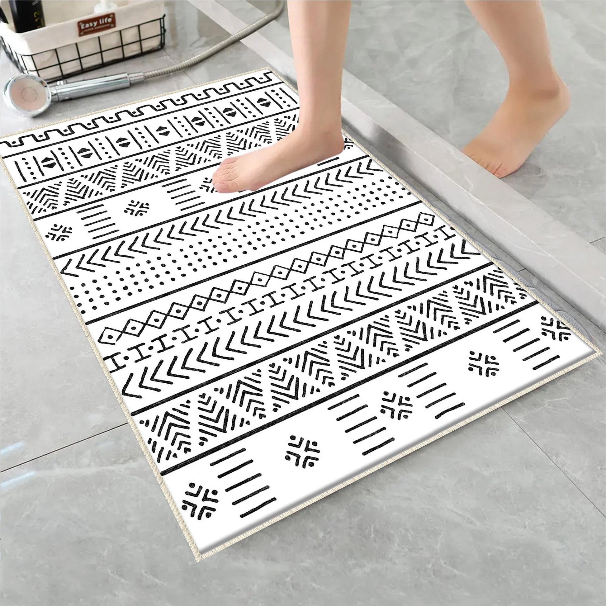 Black White Aztec Boho Bathroom Rug Non Slip Quick Dry Bath Mat - Tribal Bohemian Geometric Floral Toilet Mat, Soft Washable Modern Decor