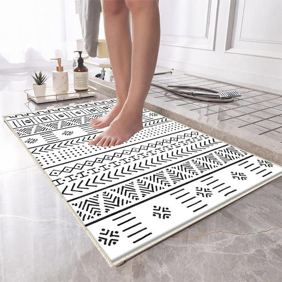 Black White Aztec Boho Bathroom Rug Non Slip Quick Dry Bath Mat - Tribal Bohemian Geometric Floral Toilet Mat, Soft Washable Modern Decor
