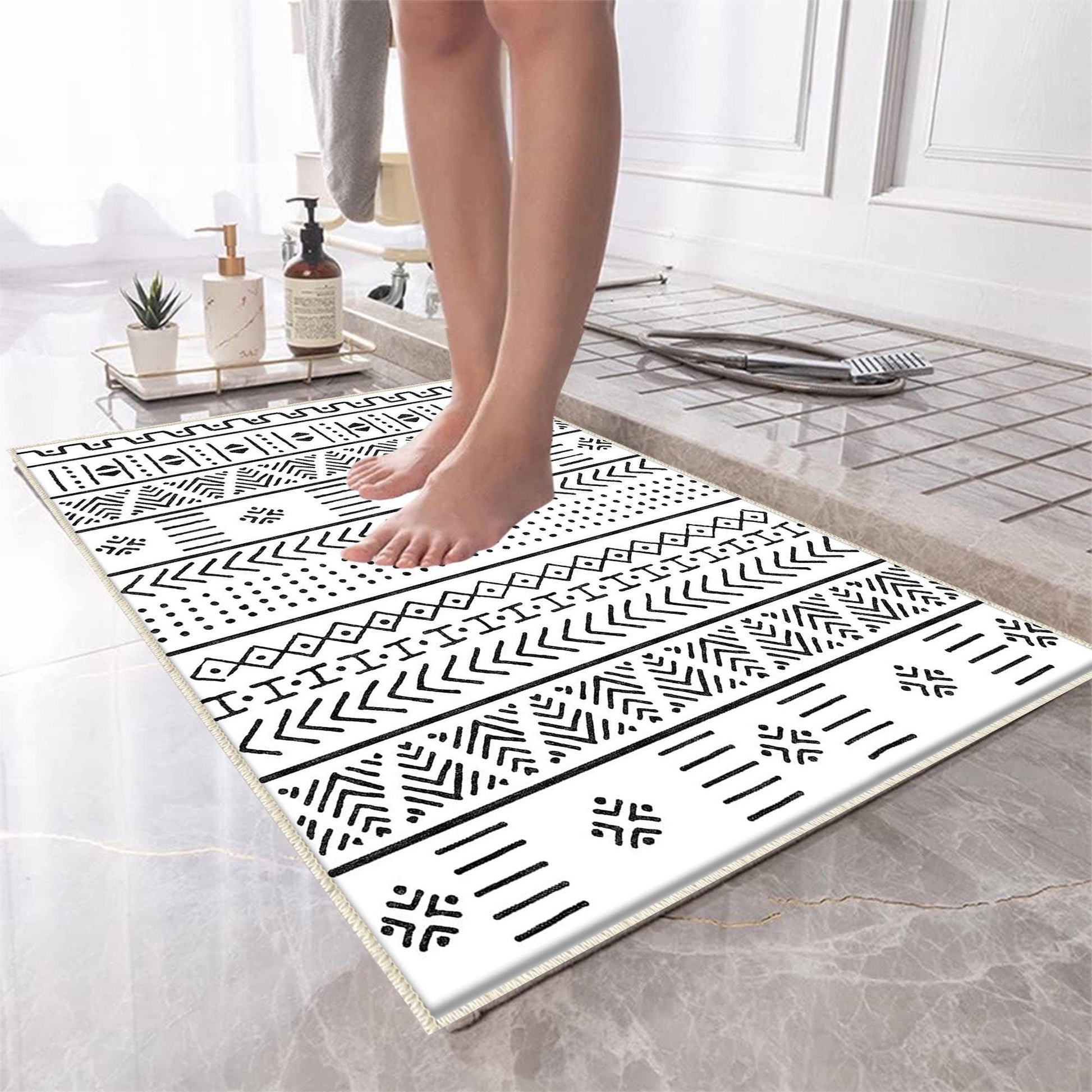 Black White Aztec Boho Bathroom Rug Non Slip Quick Dry Bath Mat - Tribal Bohemian Geometric Floral Toilet Mat, Soft Washable Modern Decor
