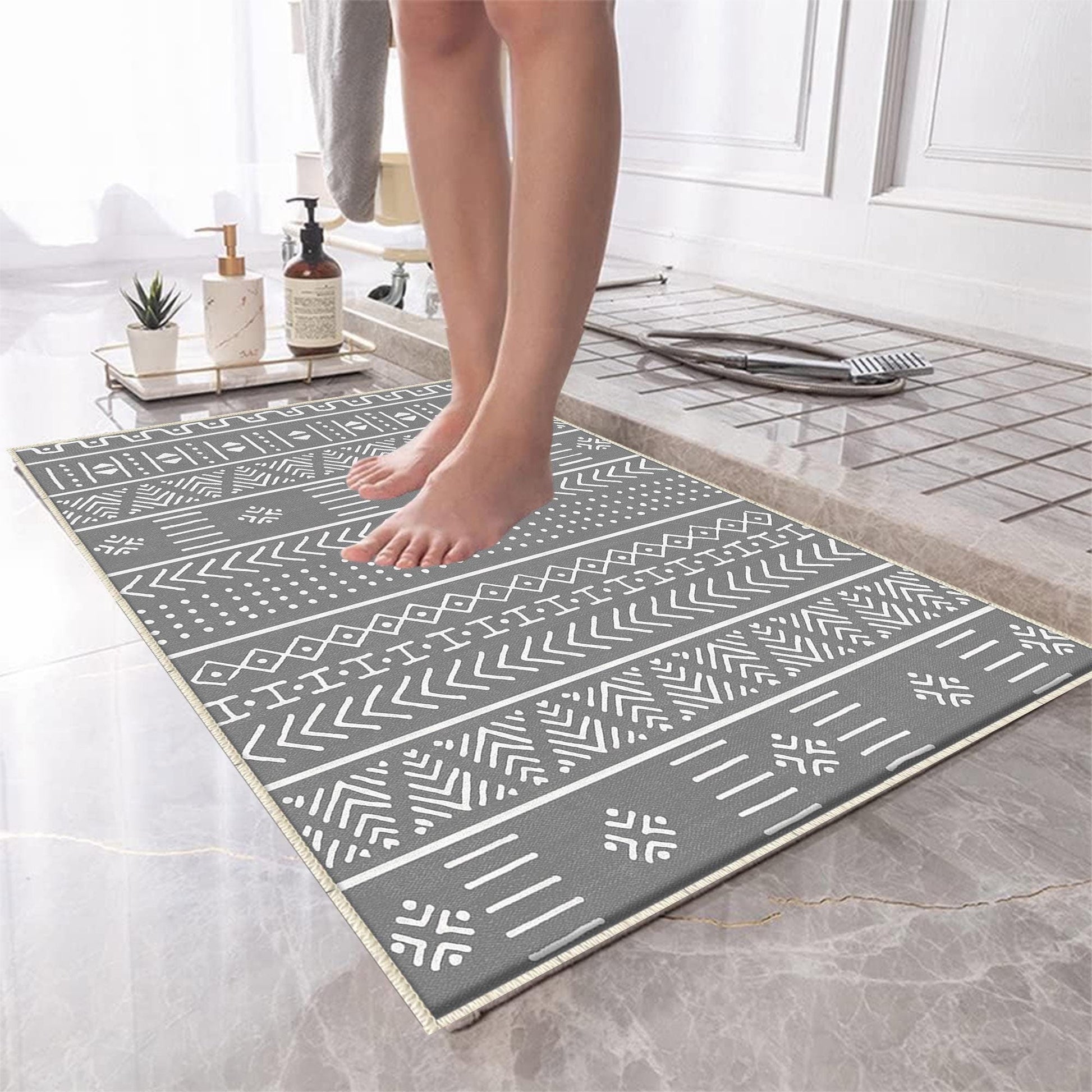 Gray White Aztec Boho Bathroom Rug Non Slip Quick Dry Bath Mat - Tribal Bohemian Geometric Floral Toilet Mat, Soft Washable Modern Decor