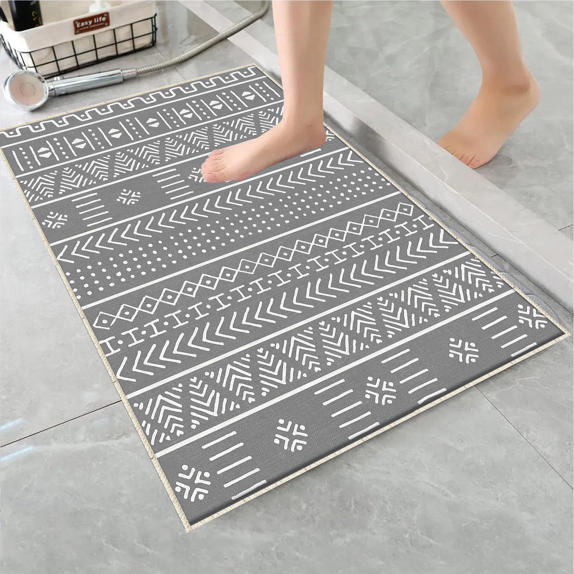 Gray White Aztec Boho Bathroom Rug Non Slip Quick Dry Bath Mat - Tribal Bohemian Geometric Floral Toilet Mat, Soft Washable Modern Decor