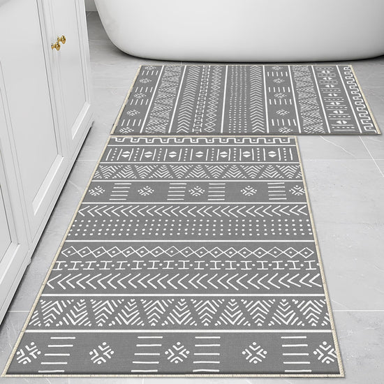 Gray White Aztec Boho Bathroom Rug Non Slip Quick Dry Bath Mat - Tribal Bohemian Geometric Floral Toilet Mat, Soft Washable Modern Decor