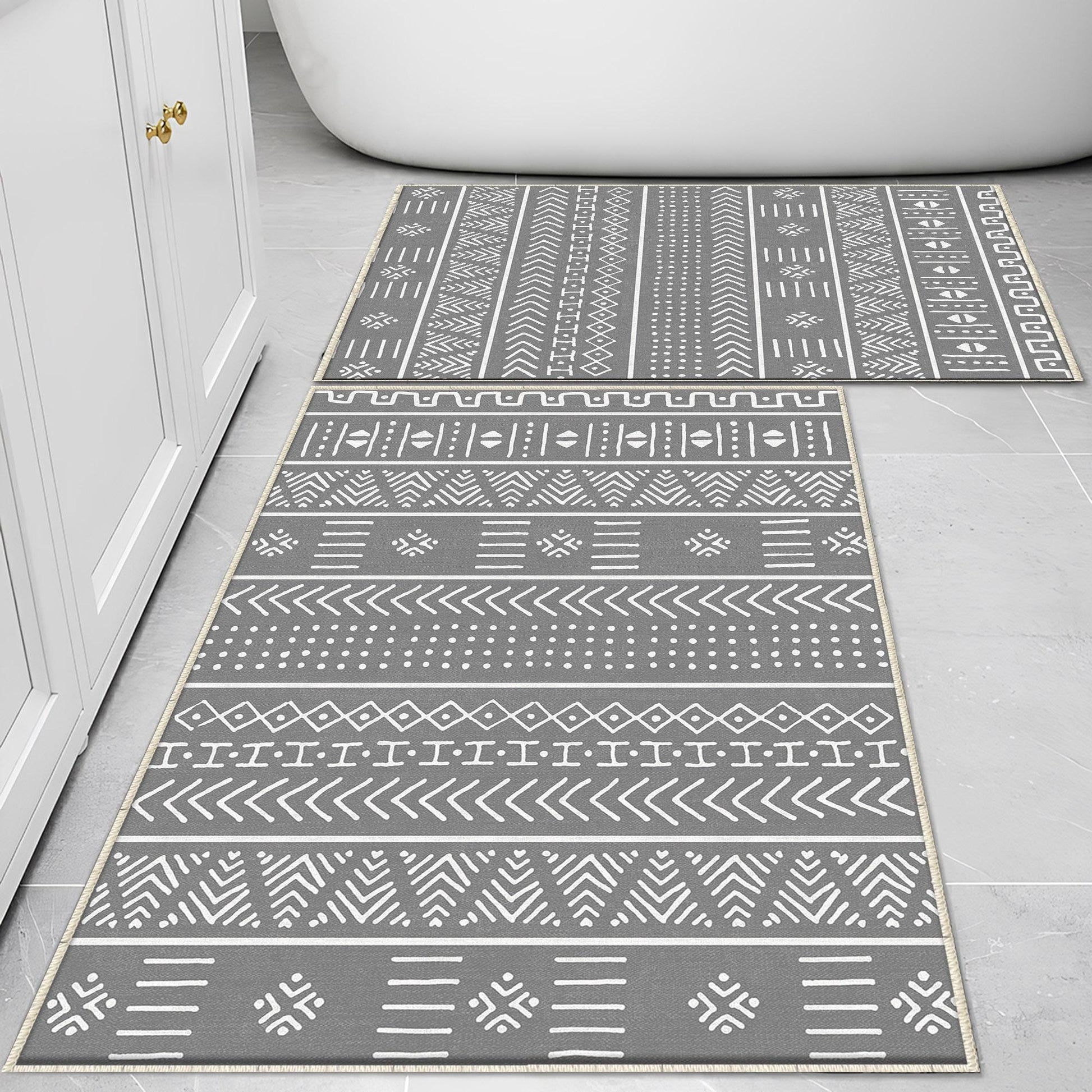 Gray White Aztec Boho Bathroom Rug Non Slip Quick Dry Bath Mat - Tribal Bohemian Geometric Floral Toilet Mat, Soft Washable Modern Decor