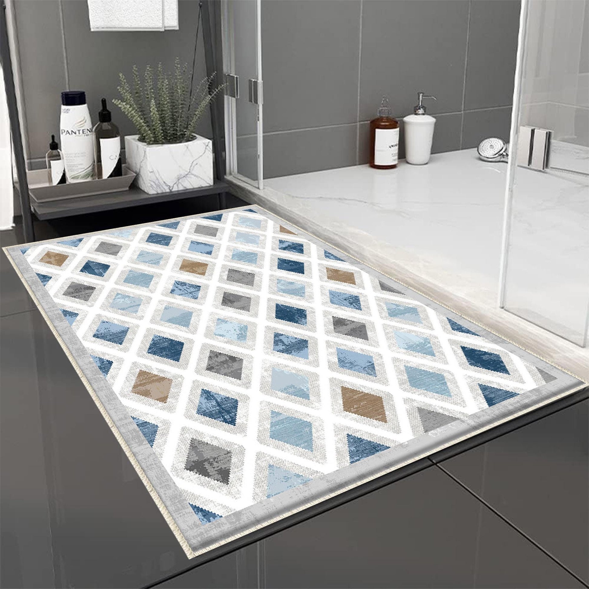 Blue Gray Brown Tiles Bathroom Rug Non Slip Quick Dry Bath Mat - Geometric Toilet Mat, Soft Washable Modern Decor