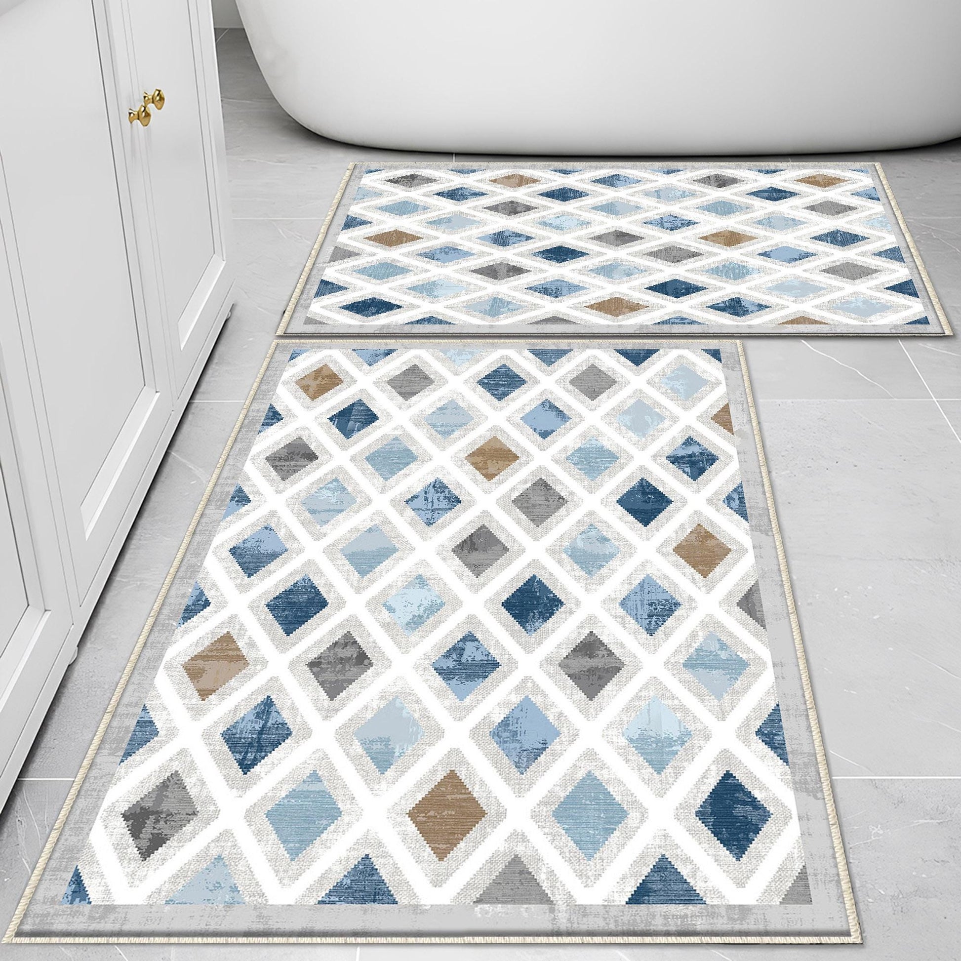 Blue Gray Brown Tiles Bathroom Rug Non Slip Quick Dry Bath Mat - Geometric Toilet Mat, Soft Washable Modern Decor