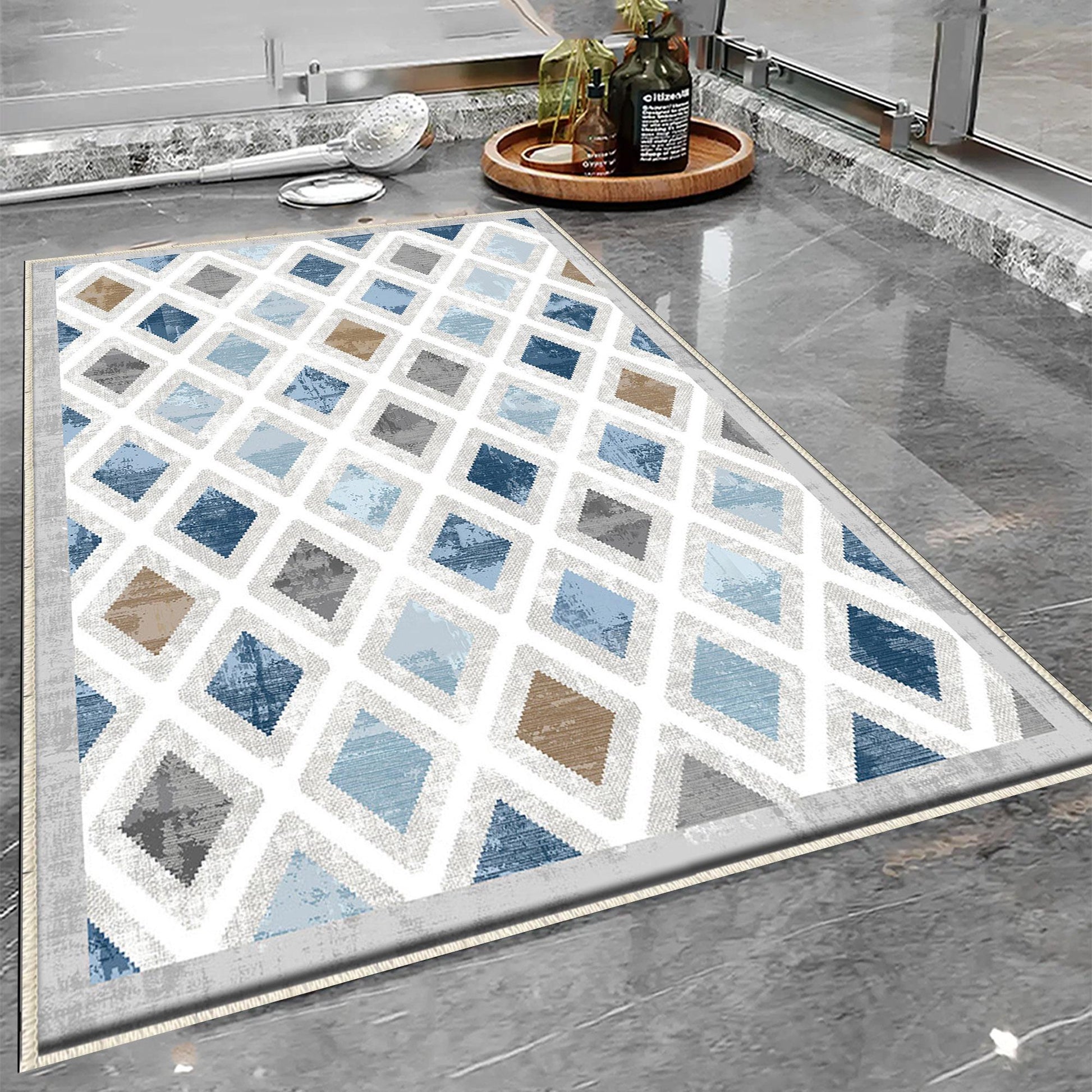 Blue Gray Brown Tiles Bathroom Rug Non Slip Quick Dry Bath Mat - Geometric Toilet Mat, Soft Washable Modern Decor