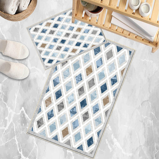 Blue Gray Brown Tiles Bathroom Rug Non Slip Quick Dry Bath Mat - Geometric Toilet Mat, Soft Washable Modern Decor