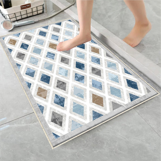 Blue Gray Brown Tiles Bathroom Rug Non Slip Quick Dry Bath Mat - Geometric Toilet Mat, Soft Washable Modern Decor