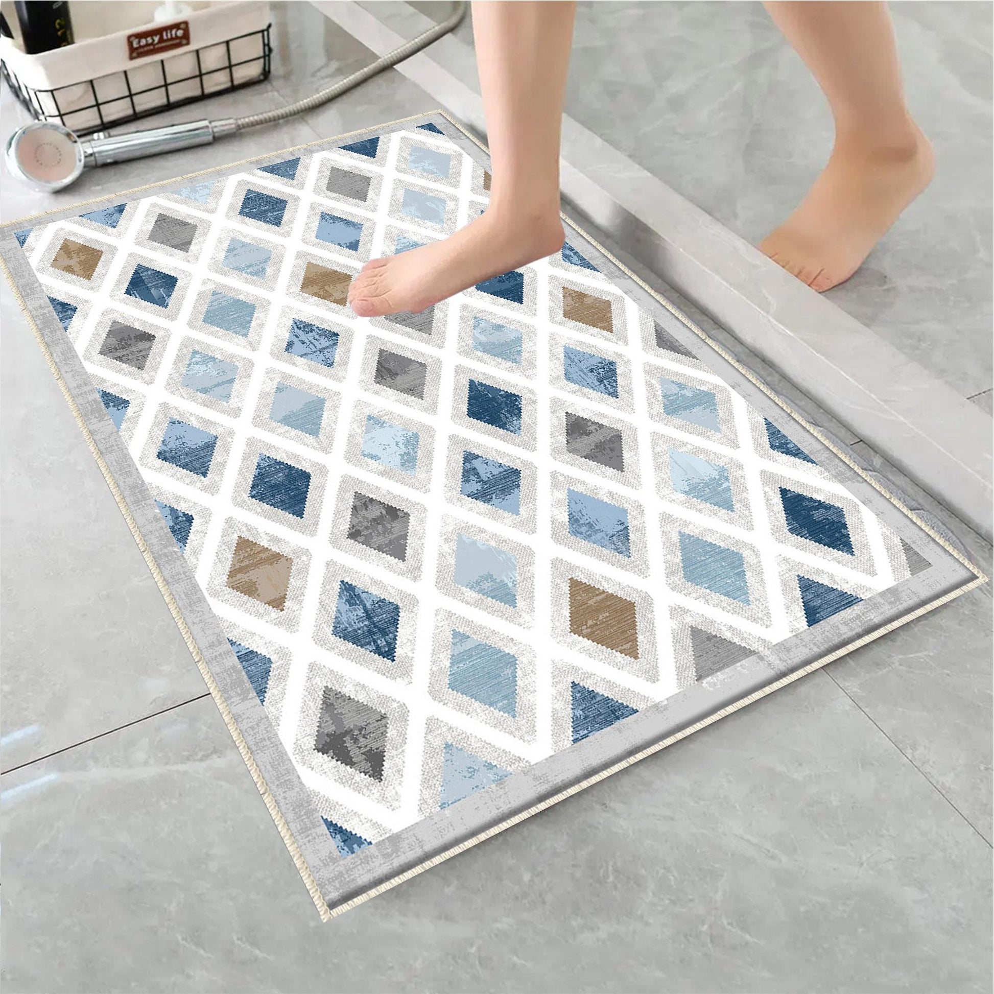Blue Gray Brown Tiles Bathroom Rug Non Slip Quick Dry Bath Mat - Geometric Toilet Mat, Soft Washable Modern Decor