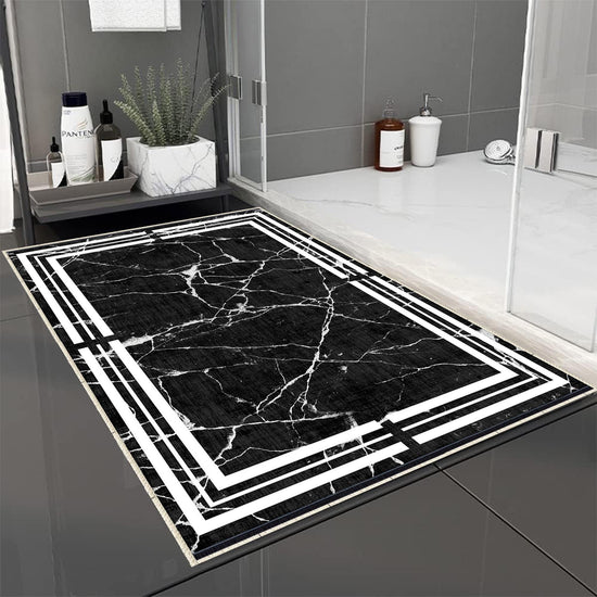 Black White Marble Border Lines Bathroom Rug Non Slip Quick Dry Bath Mat - Geometric Toilet Mat, Soft Washable Modern Decor