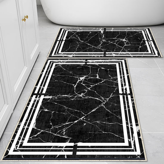 Black White Marble Border Lines Bathroom Rug Non Slip Quick Dry Bath Mat - Geometric Toilet Mat, Soft Washable Modern Decor