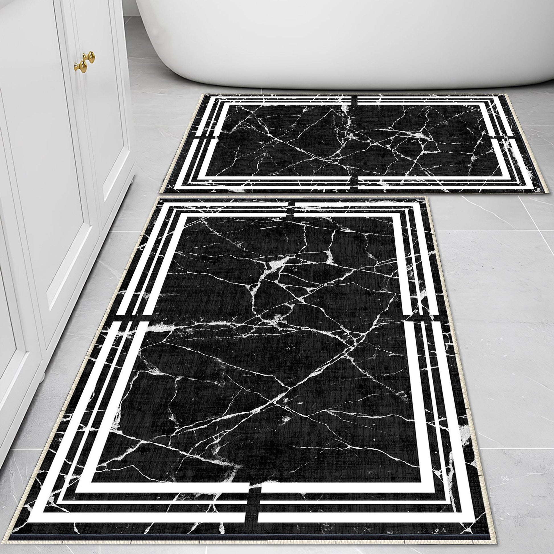 Black White Marble Border Lines Bathroom Rug Non Slip Quick Dry Bath Mat - Geometric Toilet Mat, Soft Washable Modern Decor