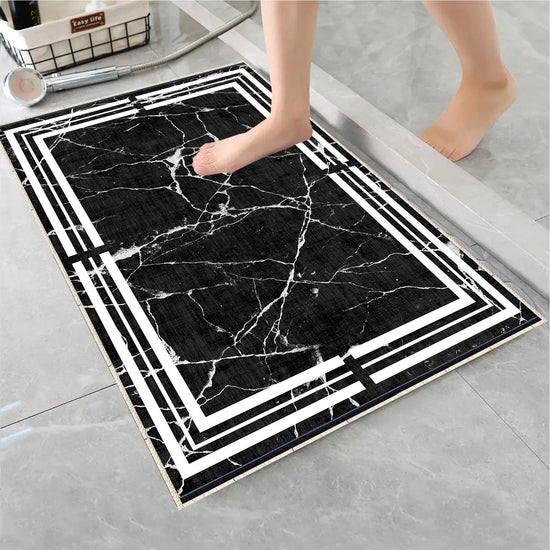 Black White Marble Border Lines Bathroom Rug Non Slip Quick Dry Bath Mat - Geometric Toilet Mat, Soft Washable Modern Decor