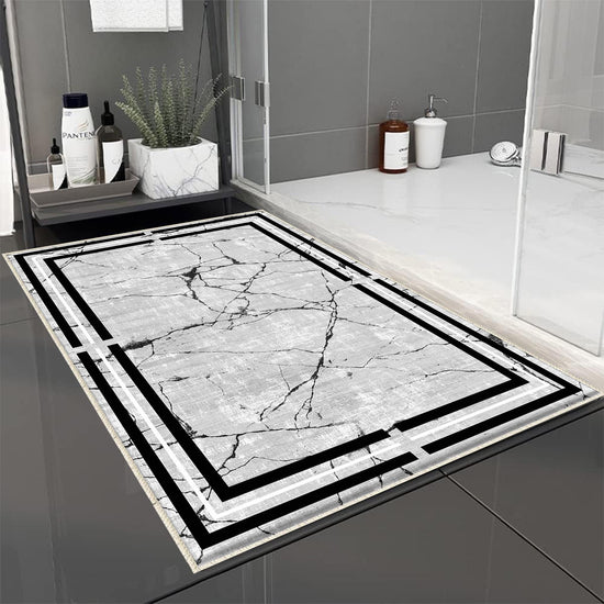 Gray White Black Marble Border Lines Bathroom Rug Non Slip Quick Dry Bath Mat - Geometric Toilet Mat, Soft Washable Modern Decor
