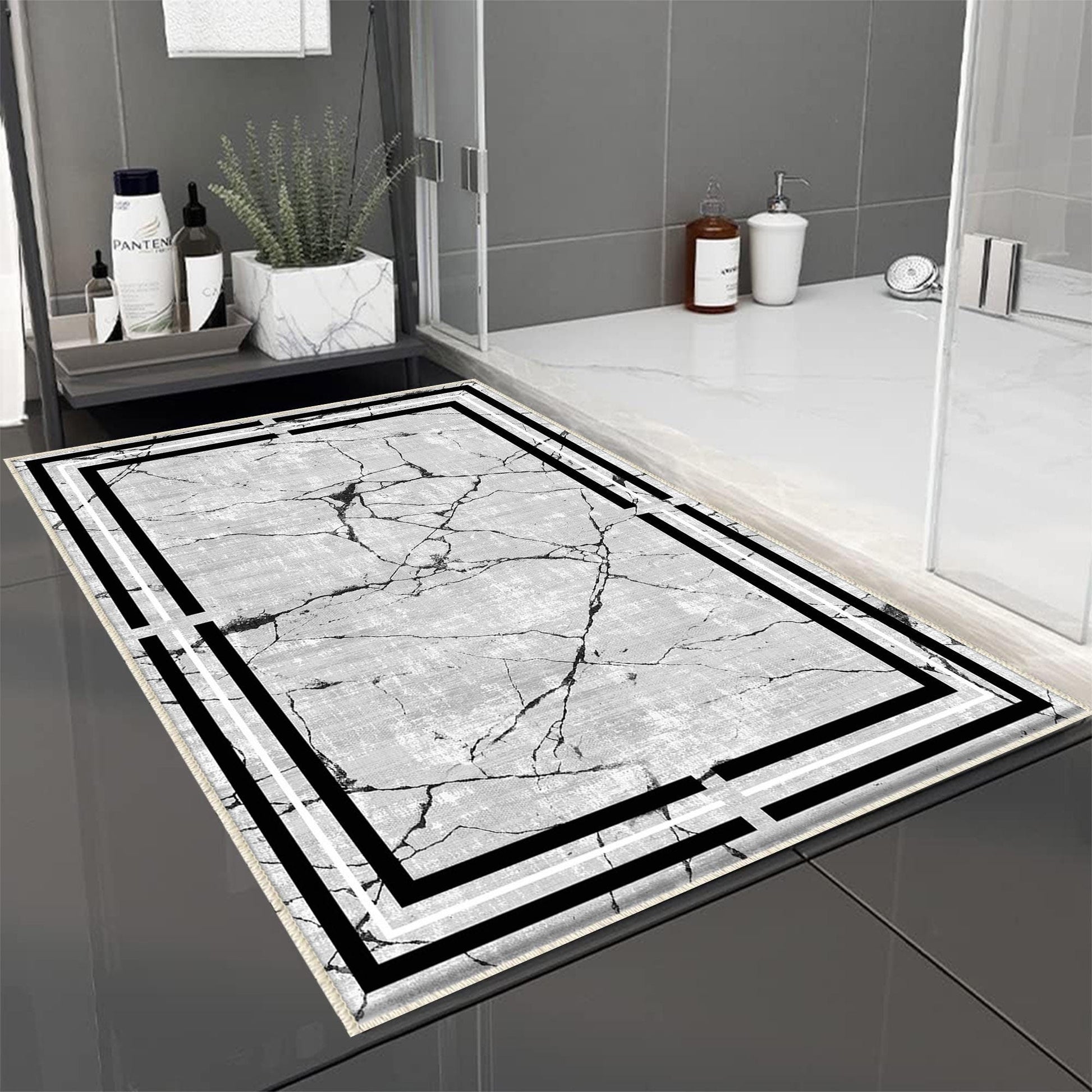 Gray White Black Marble Border Lines Bathroom Rug Non Slip Quick Dry Bath Mat - Geometric Toilet Mat, Soft Washable Modern Decor