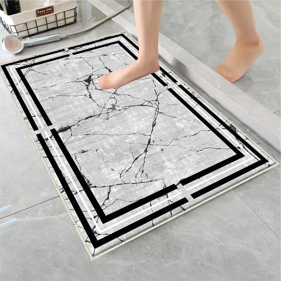 Gray White Black Marble Border Lines Bathroom Rug Non Slip Quick Dry Bath Mat - Geometric Toilet Mat, Soft Washable Modern Decor