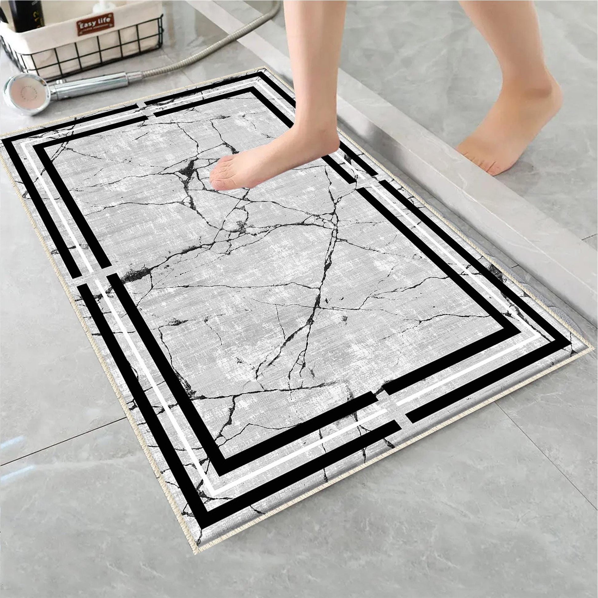 Gray White Black Marble Border Lines Bathroom Rug Non Slip Quick Dry Bath Mat - Geometric Toilet Mat, Soft Washable Modern Decor