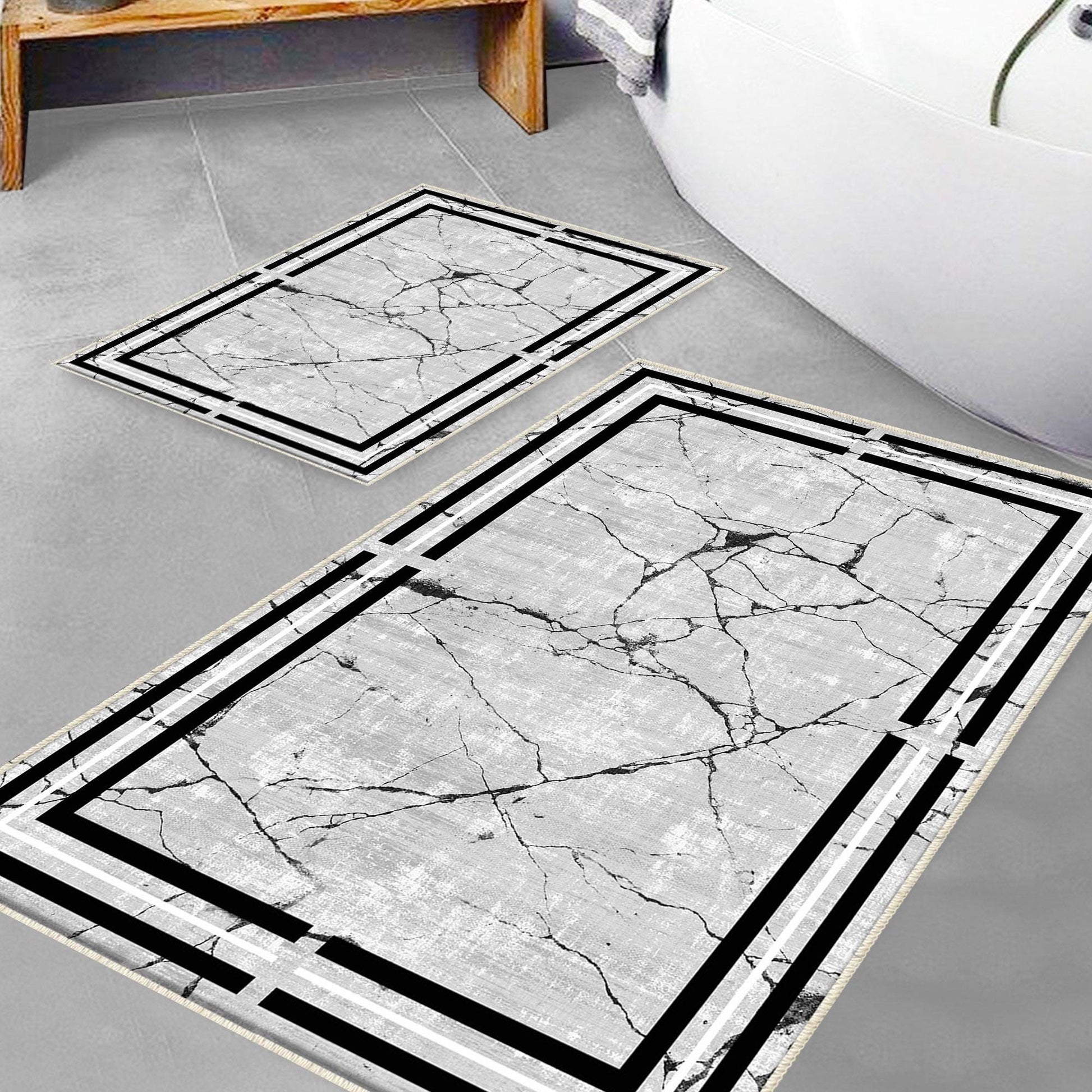 Gray White Black Marble Border Lines Bathroom Rug Non Slip Quick Dry Bath Mat - Geometric Toilet Mat, Soft Washable Modern Decor