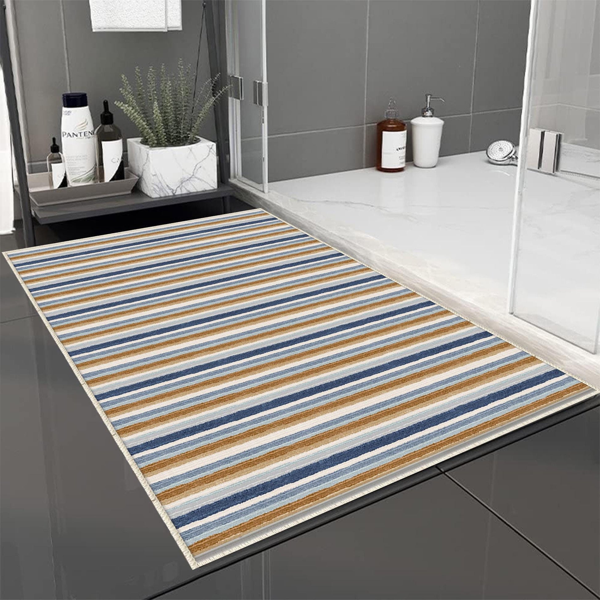 Brown Navy Blue Lines Bathroom Rug Non Slip Quick Dry Bath Mat - Geometric Toilet Mat, Soft Washable Modern Decor