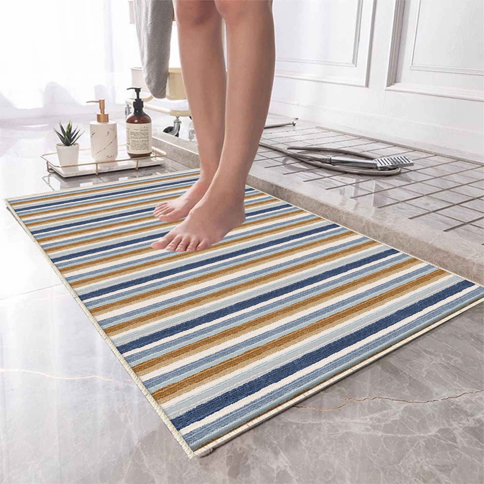 Brown Navy Blue Lines Bathroom Rug Non Slip Quick Dry Bath Mat - Geometric Toilet Mat, Soft Washable Modern Decor