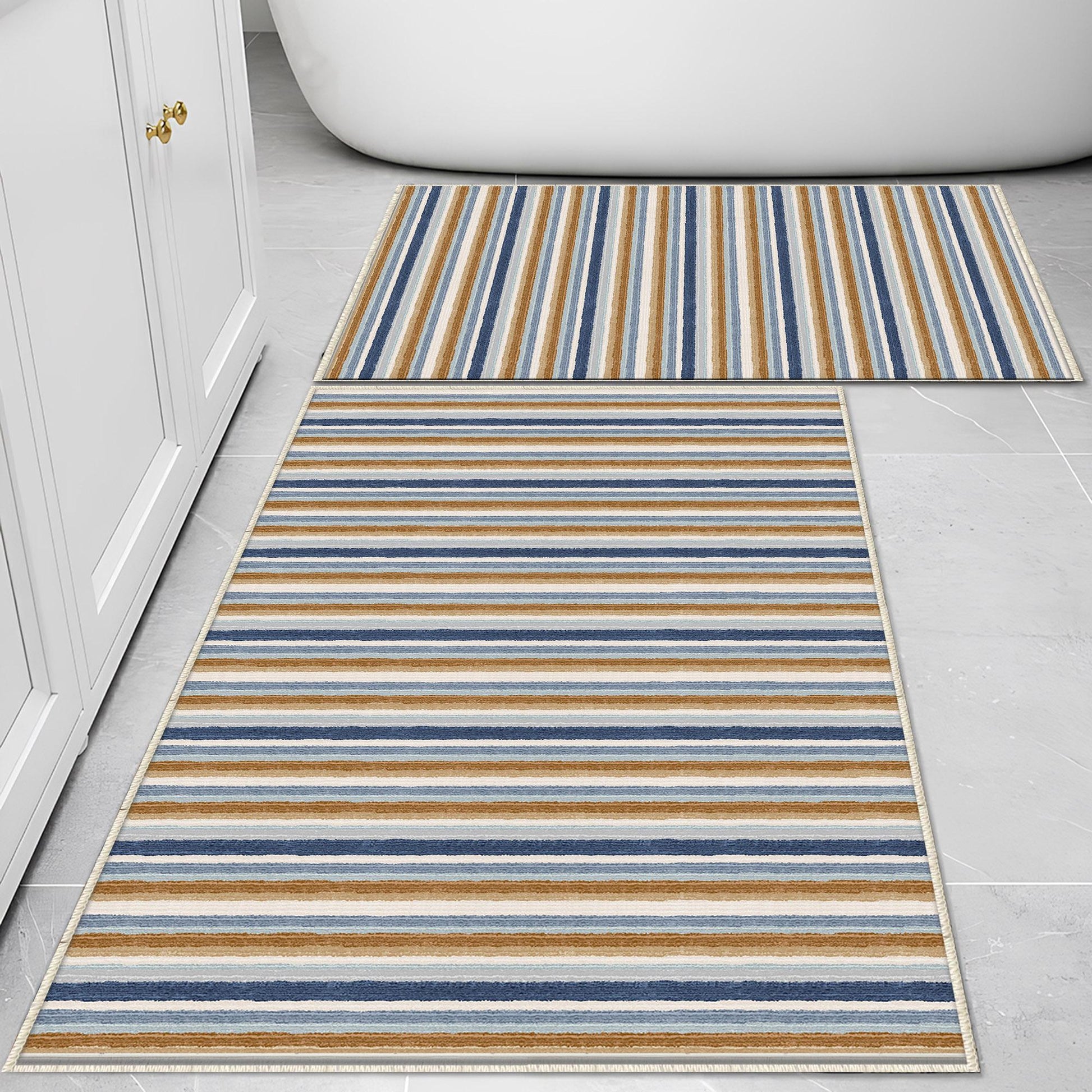 Brown Navy Blue Lines Bathroom Rug Non Slip Quick Dry Bath Mat - Geometric Toilet Mat, Soft Washable Modern Decor