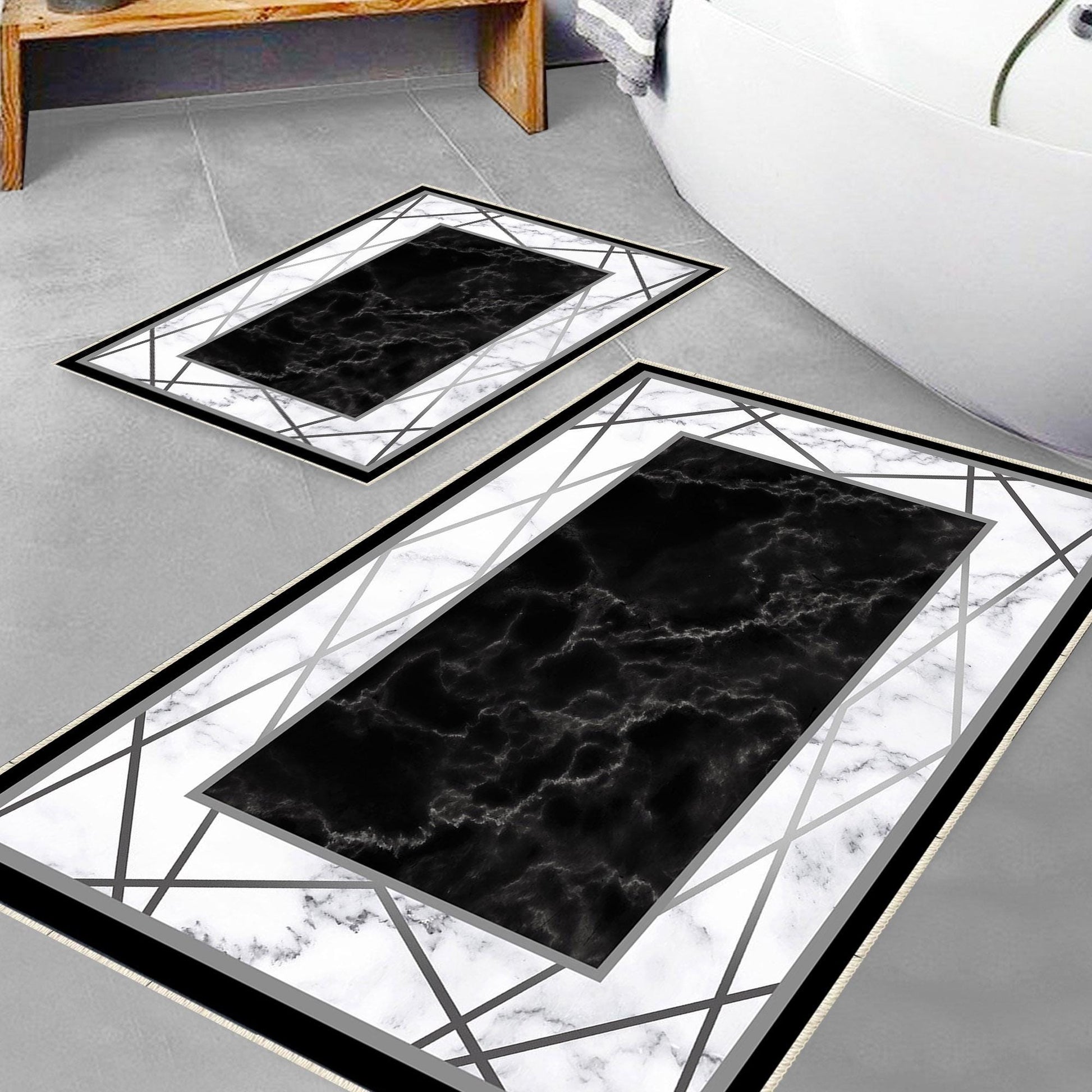 Black White Marble Design Bathroom Rug Non Slip Quick Dry Bath Mat - Geometric Toilet Mat, Soft Washable Modern Decor