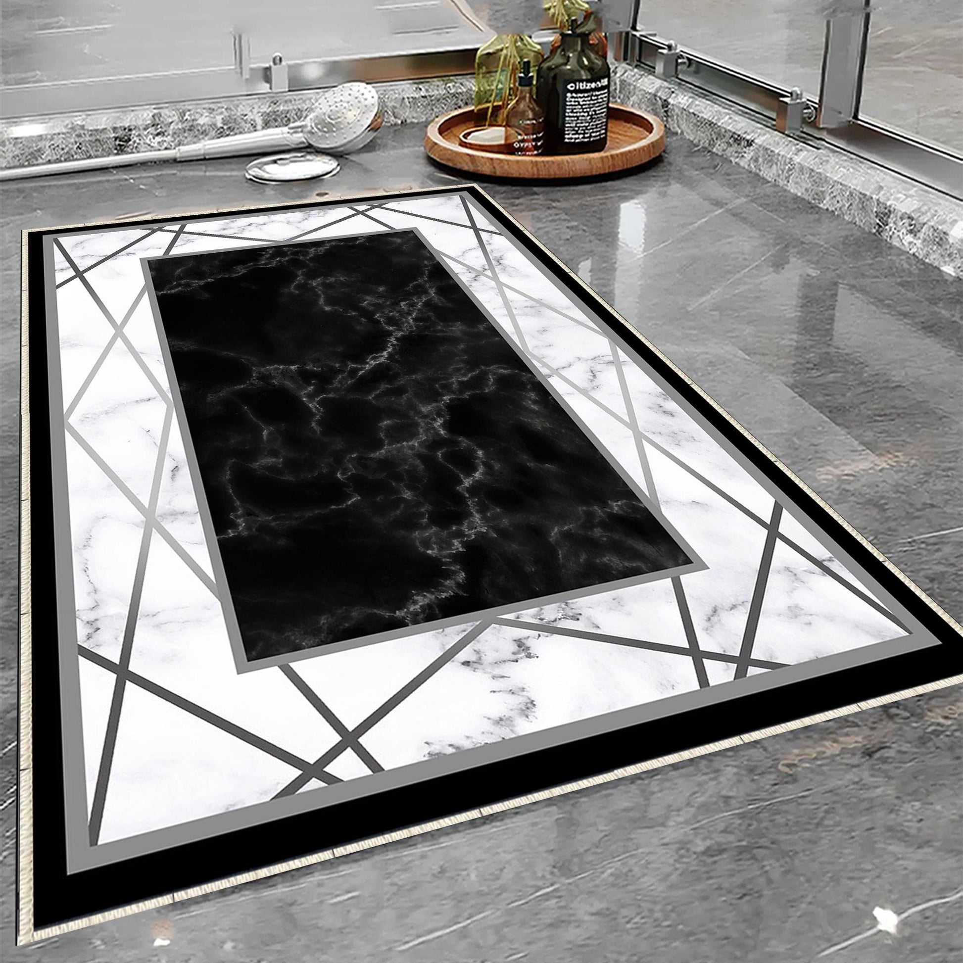 Black White Marble Design Bathroom Rug Non Slip Quick Dry Bath Mat - Geometric Toilet Mat, Soft Washable Modern Decor