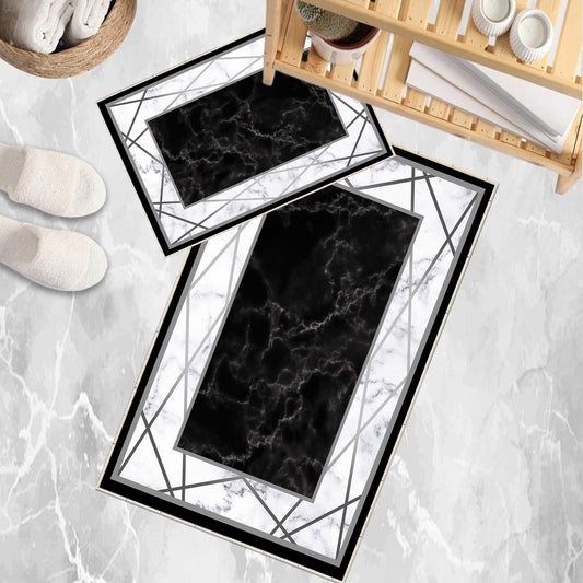 Black White Marble Design Bathroom Rug Non Slip Quick Dry Bath Mat - Geometric Toilet Mat, Soft Washable Modern Decor