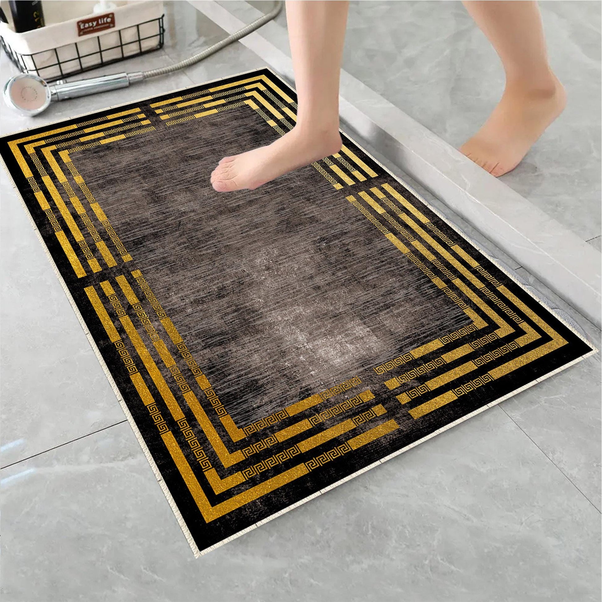 Brown Golden Lines Bathroom Rug Non Slip Quick Dry Bath Mat - Geometric Toilet Mat, Soft Washable Modern Decor