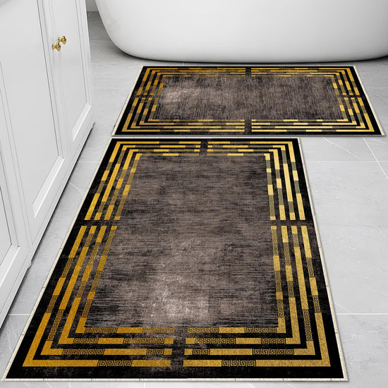 Brown Golden Lines Bathroom Rug Non Slip Quick Dry Bath Mat - Geometric Toilet Mat, Soft Washable Modern Decor