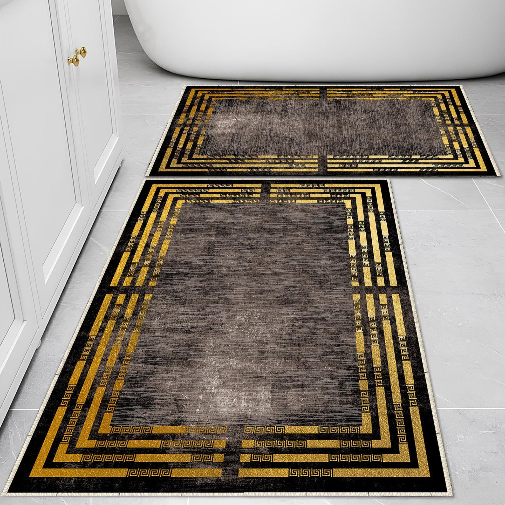 Brown Golden Lines Bathroom Rug Non Slip Quick Dry Bath Mat - Geometric Toilet Mat, Soft Washable Modern Decor
